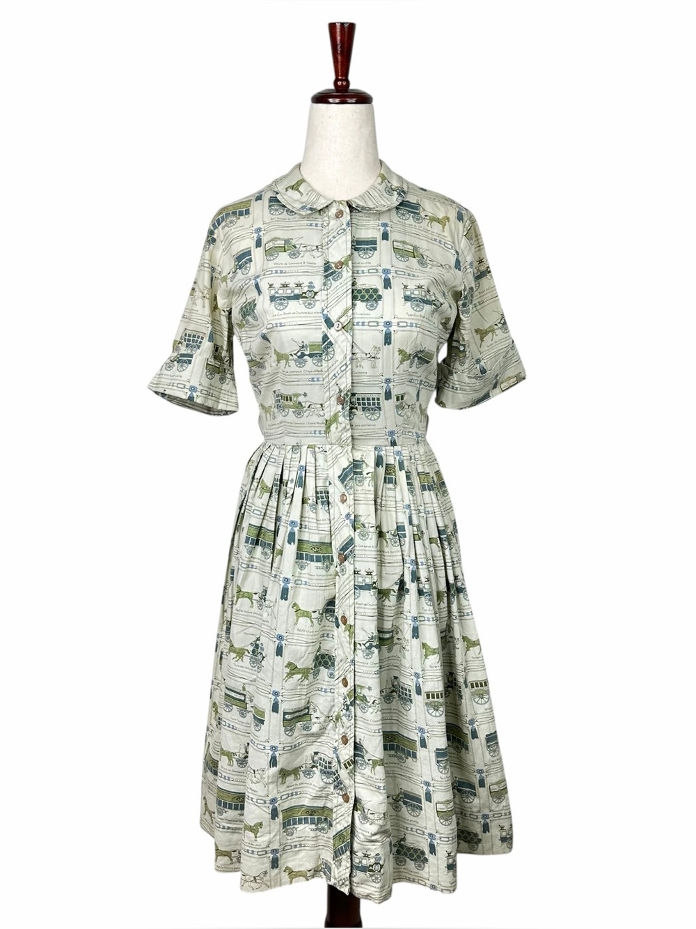 Vintage Cos Cob 50's 60's Novelty Horse French Print Button Down Dress Fit Flare